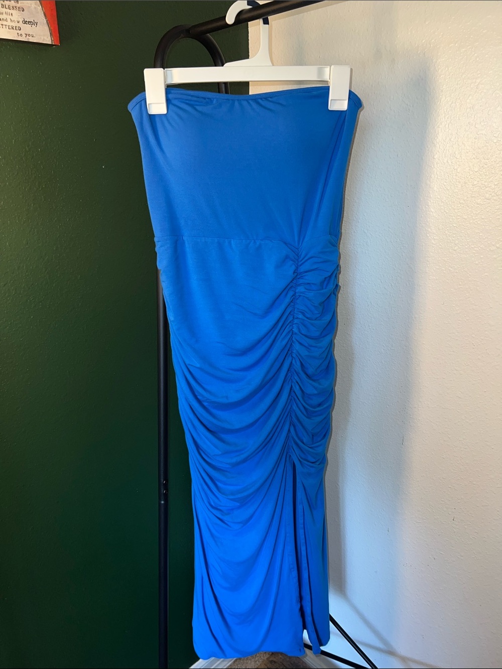 Electric klassy network Blue Strapless Ruched Maxi Dress with built in bra